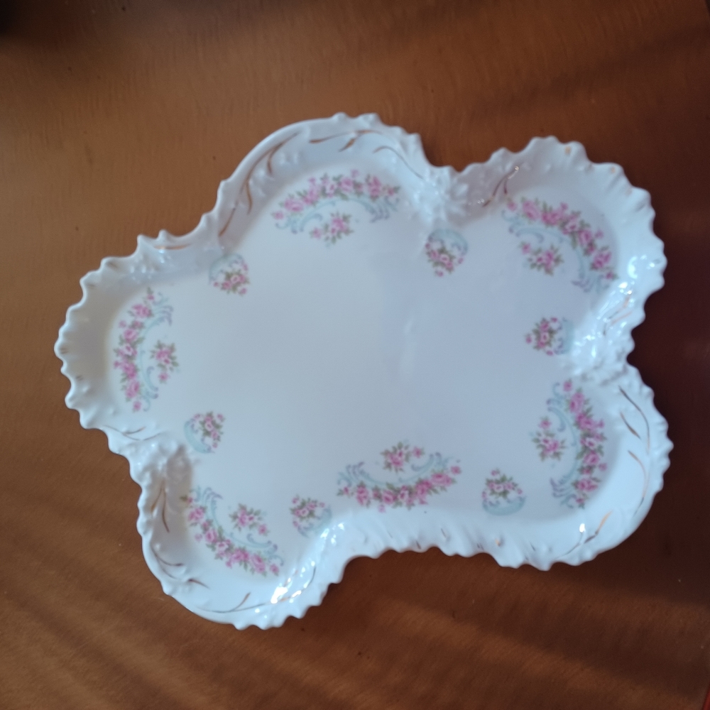 Antique Delicate Dish Floral Victorian Vanity Table Pink Blue Trinket Dresser